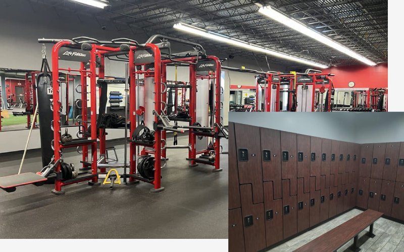 Strength equipment and locker room in gym near Greenway Plaza