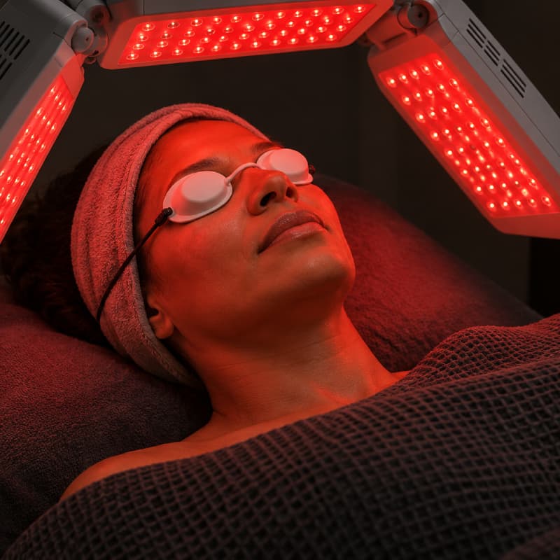 Woman using red light therapy in our Houston gym recovery lounge